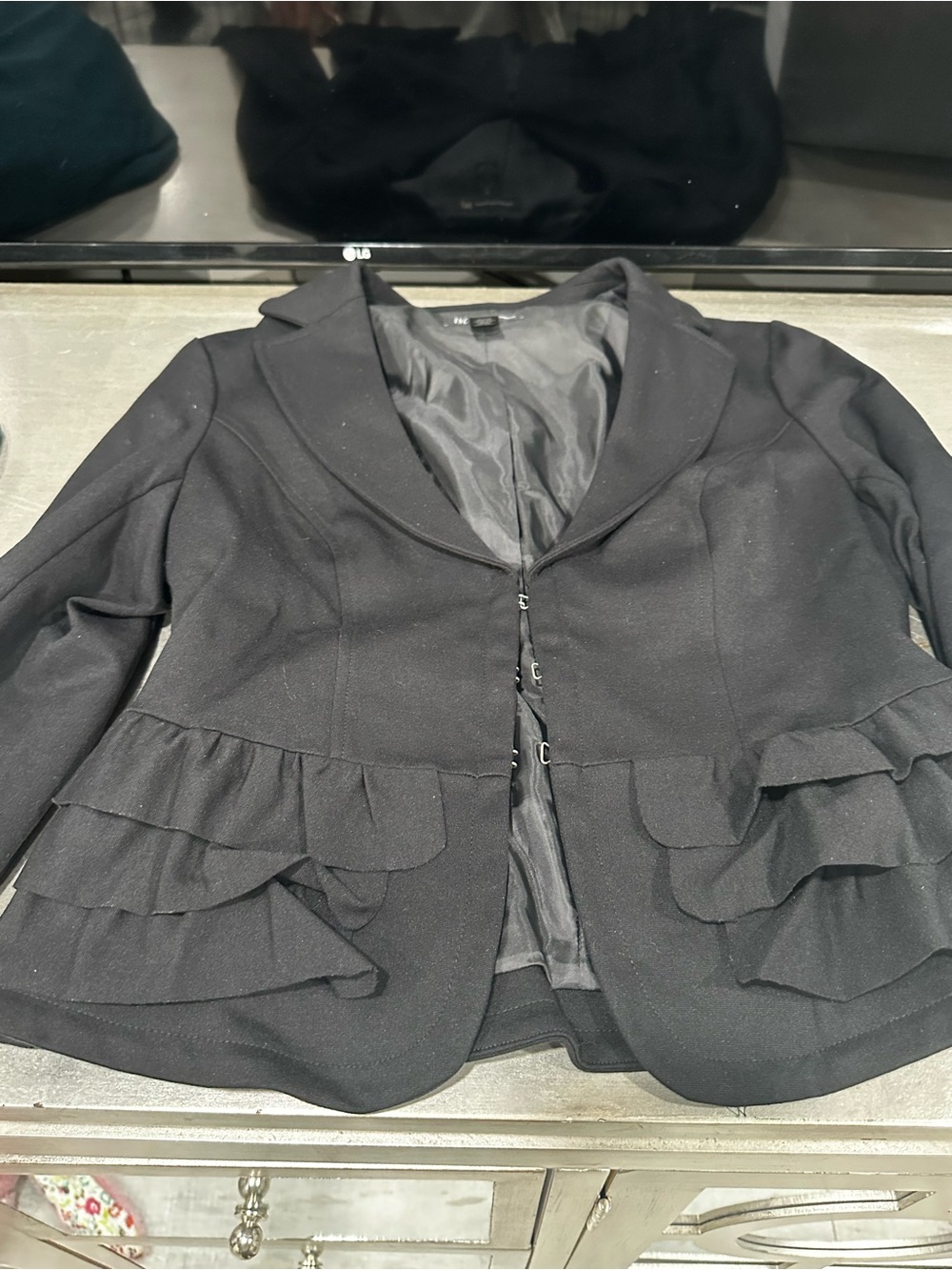 INC International Concepts Black Ruffle Peplum Blazer